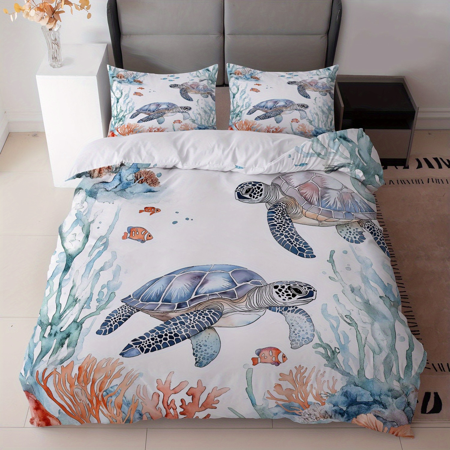 TEMU Ensemble de Literie Thème Océanique 3 Pièces - Imprimé Tortue Marine Bleu et Blanc (1 Housse de Couette + 2 Taies d'Oreiller, Rembourrage) -