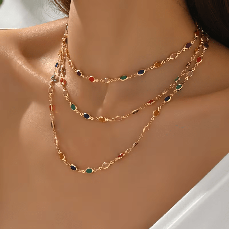 TEMU (random Color And Of Artificial Crystals) 2pcs Women's Bohemian Vintage Candy-colored Oval Artificial Crystal Chain-linked Adjustable Necklace