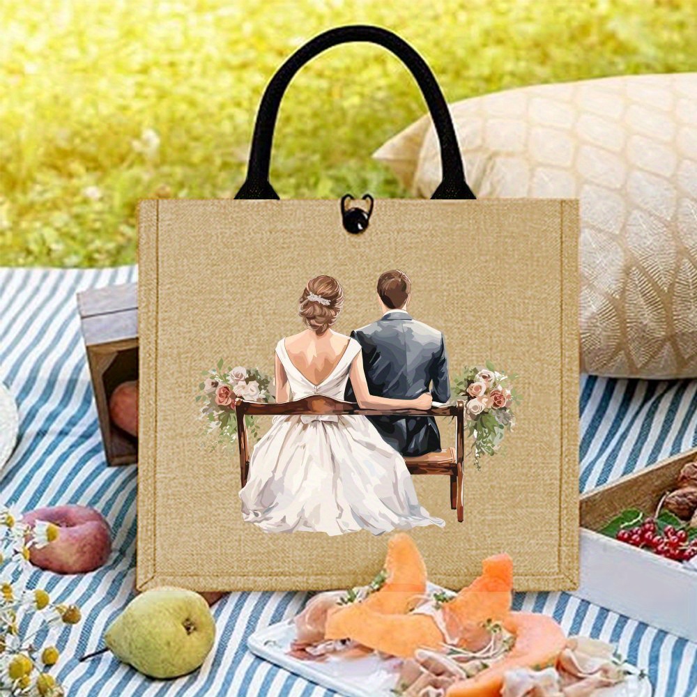 TEMU Elegant Wedding Tote Bag - Large Capacity Jute Handbag With Print, Outdoor Picnics, Parties, Travel, And Shopping