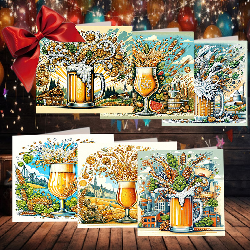TEMU 6pcs Diamond Painting Greeting Card Set - Wheat Juice Series, Crystal Drill Jewelry Partial Inlay Handmade Card With 6 Envelopes, Special