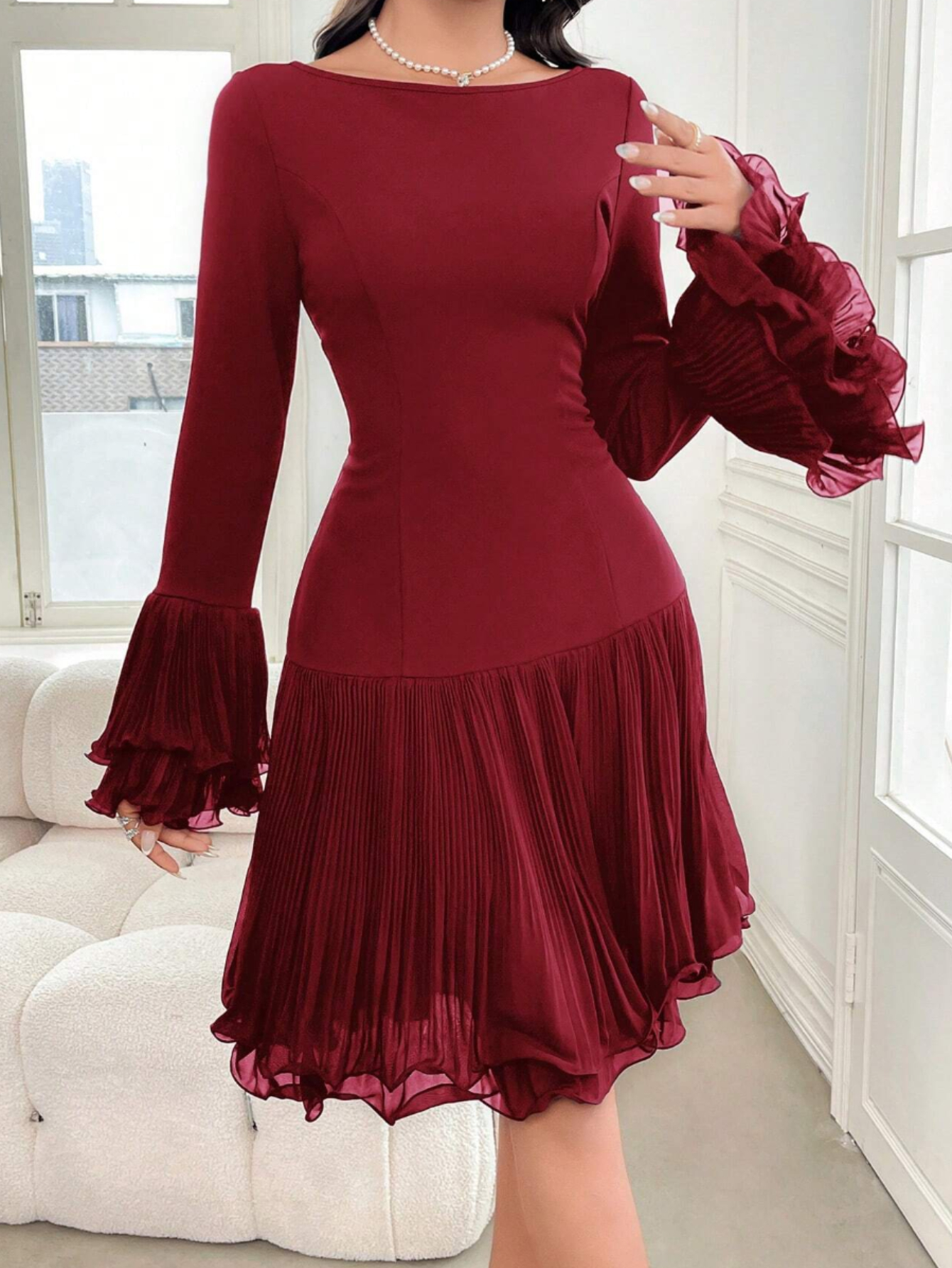 burgundy outfits dress Strapless Burgundy Mermaid Prom Dresses with Ruffled Train