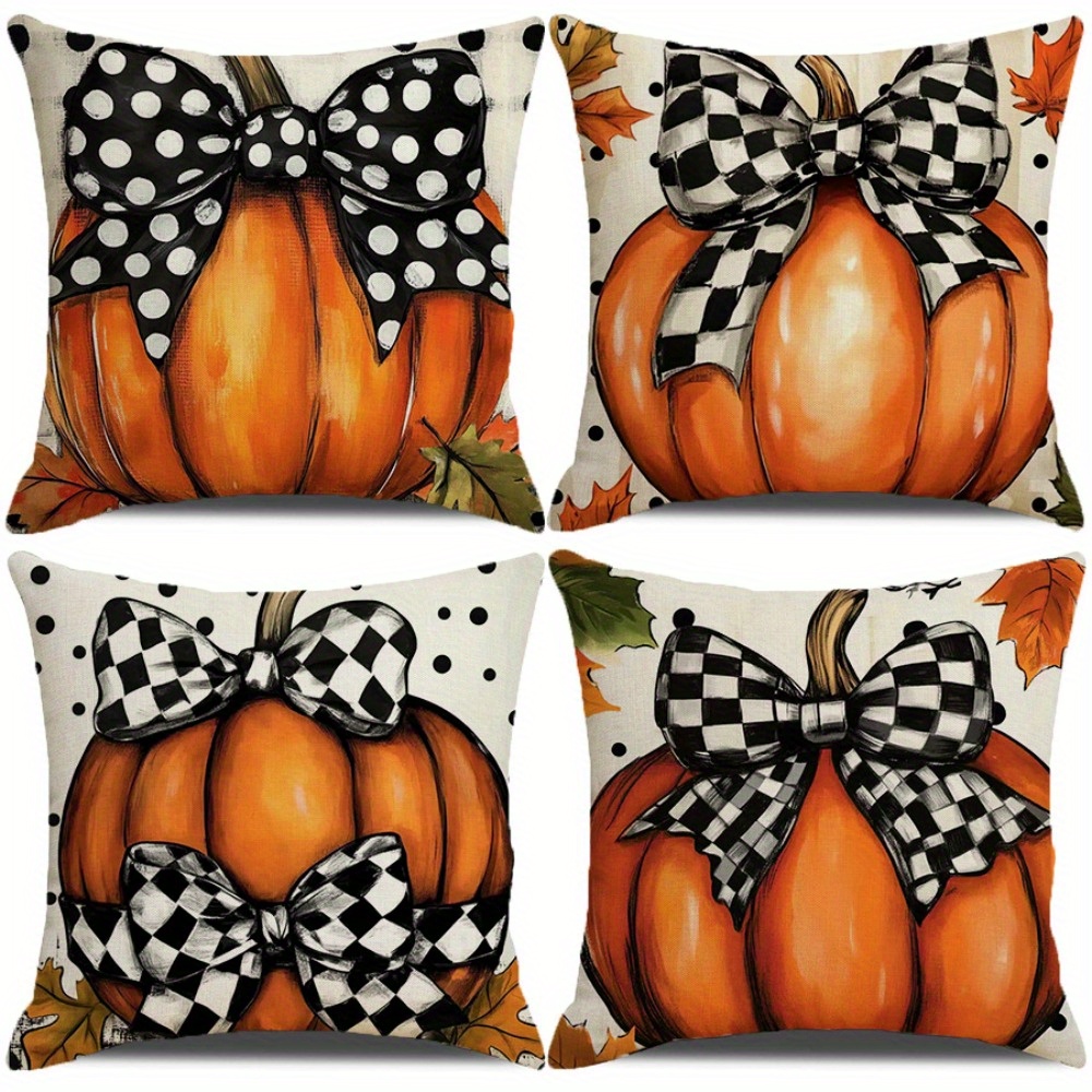 4pcs of cartoon niche bow pumpkin printed zipper pillowcase double sided polyester printed pattern zipper closed home decoration living room bedroom and sofa home decoration not included in the pillow Product details 1