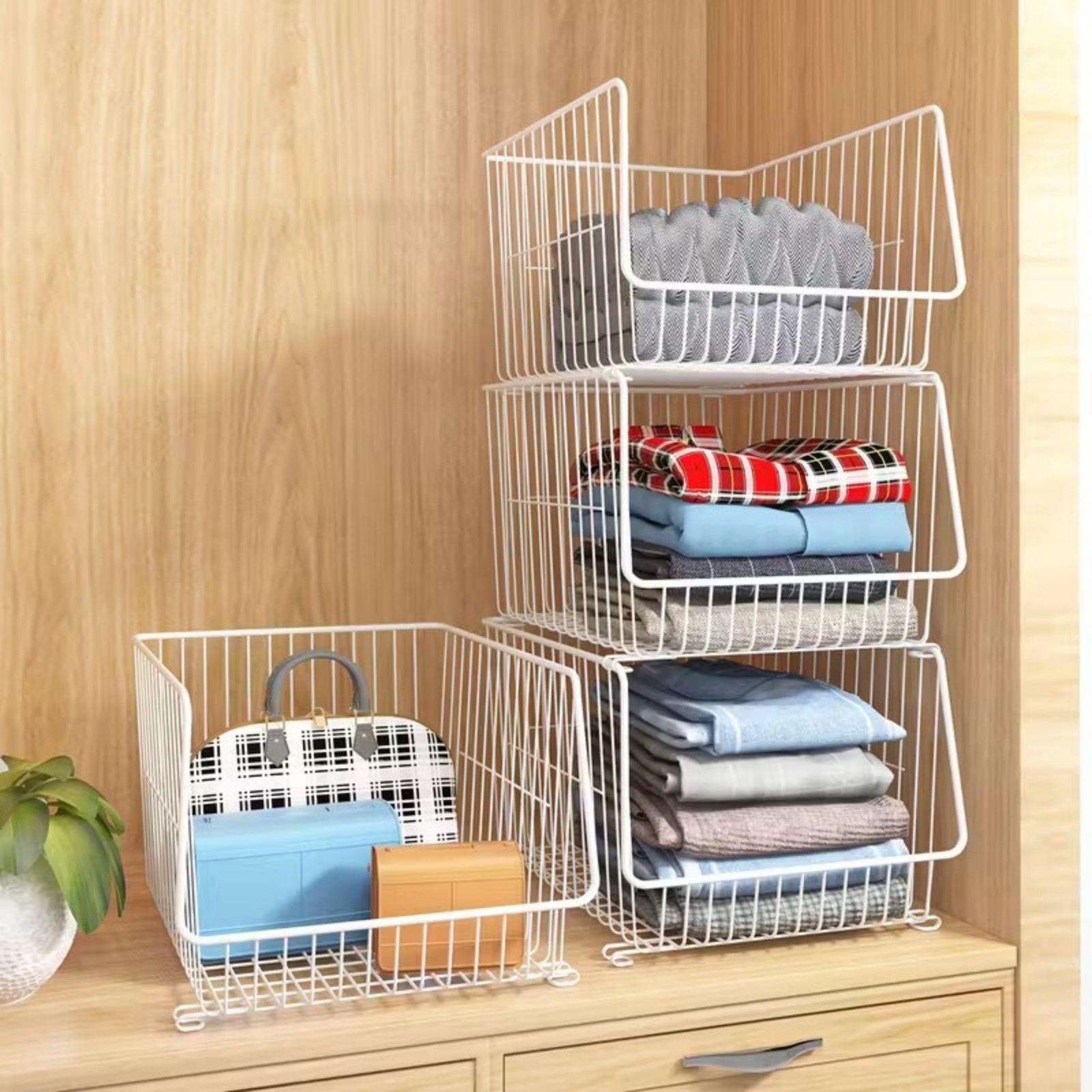 6pcs Metal Wire Closet Organizer System With Drawers - Freestanding Stackable Storage Baskets For Clothes, Bags, Dorm & Bedroom Organization, Space- , No , Mounted Closet Systems, Shelf Baskets