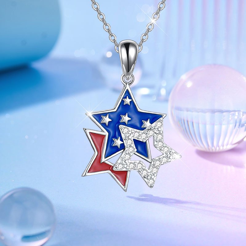 TEMU Women's Patriotic Star Necklace - Enamel & Accents, White Golden-plated Durable Jewelry For , Christmas, Birthdays, Parties & Casual Attire, Decorations