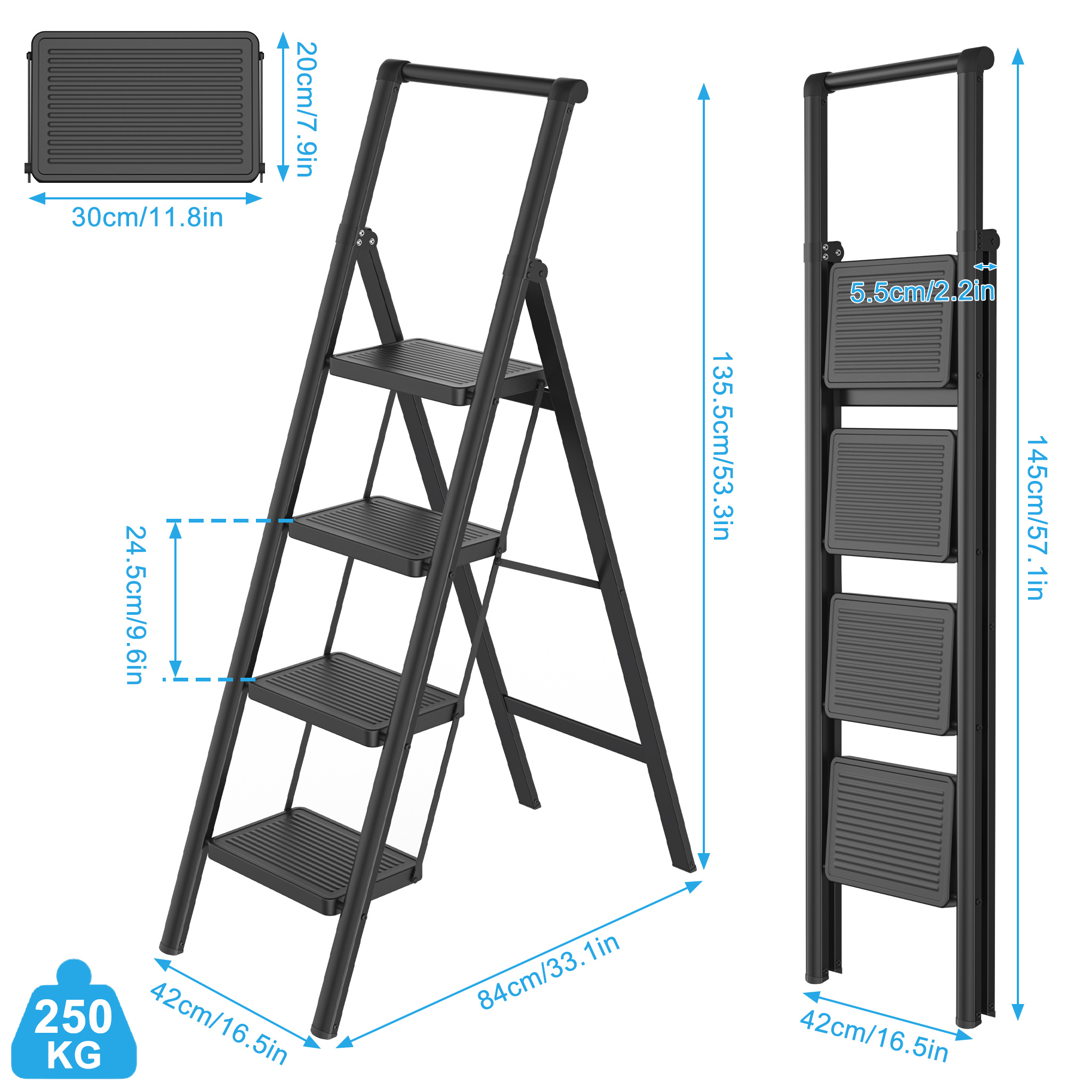 heavy duty foldable 2 3 4 step metal ladder with handrail 250kg 551 weight capacity non slip steps compact folding step stool for home garden workshop sturdy  