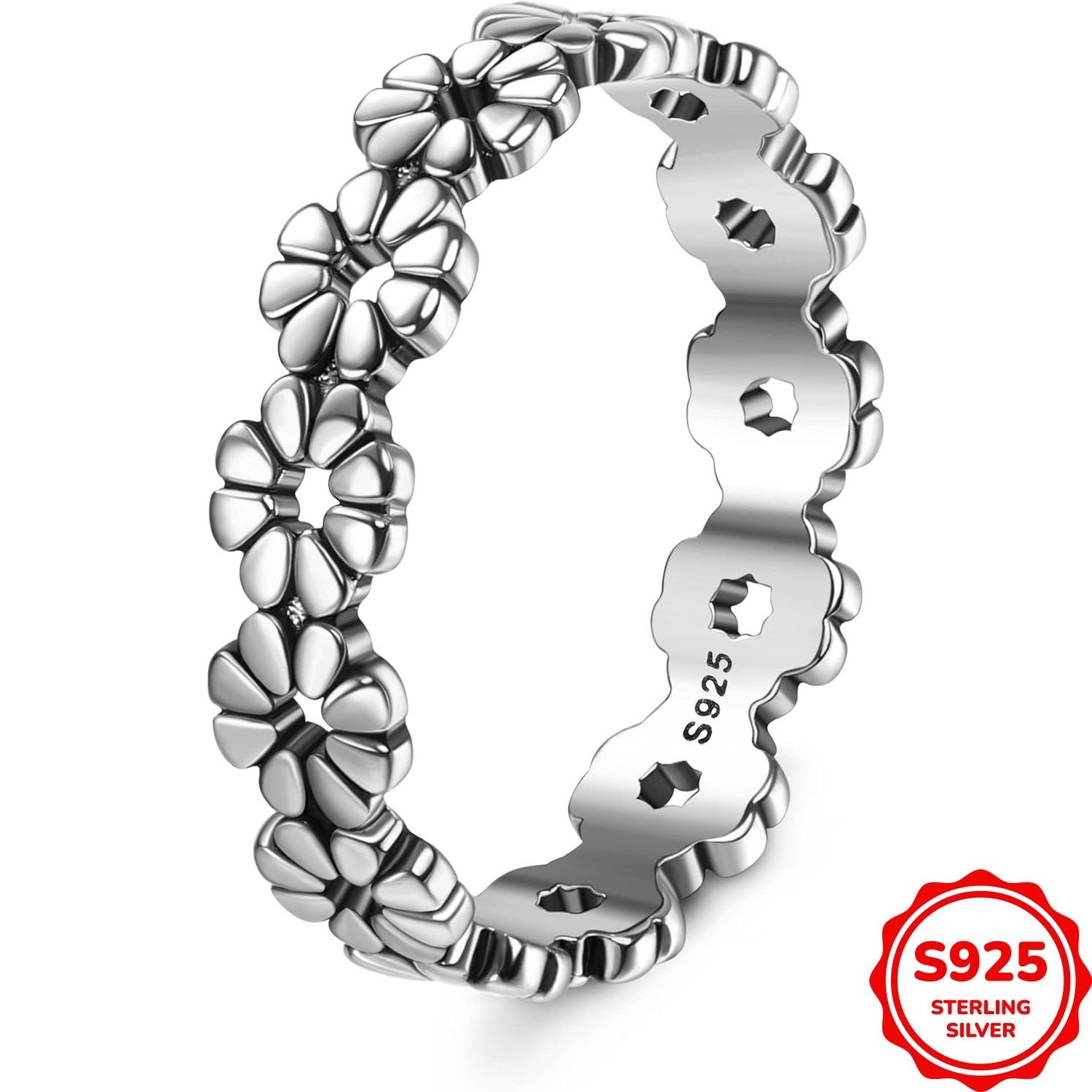 Image of 925 Sterling Silver Retro Daisy Rings For Women, Featuring A Hawaiian With A High Polish End. Fit Stacking Band Rings Are In Sizes 6 To 11 And Weigh 2.2g/0.08oz