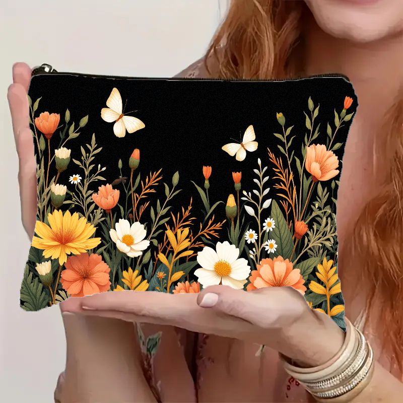 TEMU Colorful Cosmetic Bag Featuring Wildflowers And Butterflies, Equipped With A Sturdy Zipper. This Lightweight And Portable Makeup Organizer Is