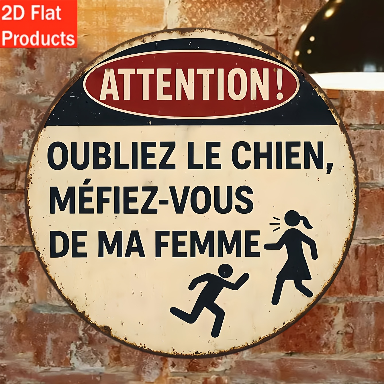 TEMU Plaque et Ornement Décoratifs, Décoration Murale Ronde en Bois Rétro Plate 2D, avec Phrases d'Avertissement Humoristiques en Français, Convient