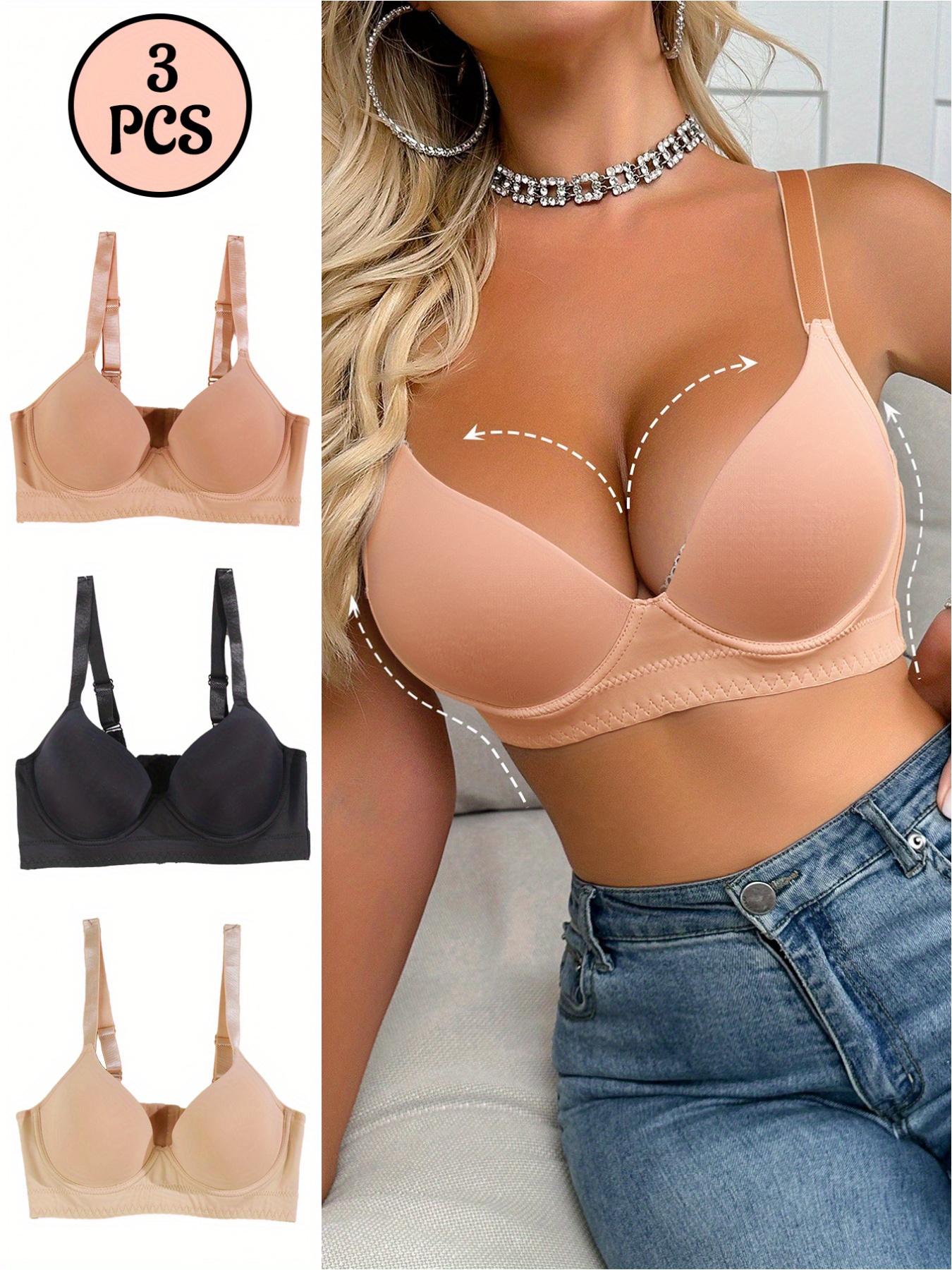 3pcs womens deep v neck backless wireless bras no underwire   seamless design medium support soft smooth fabric elegant special collection sexy lingerie style smooth texture for everyday wear Product details 0