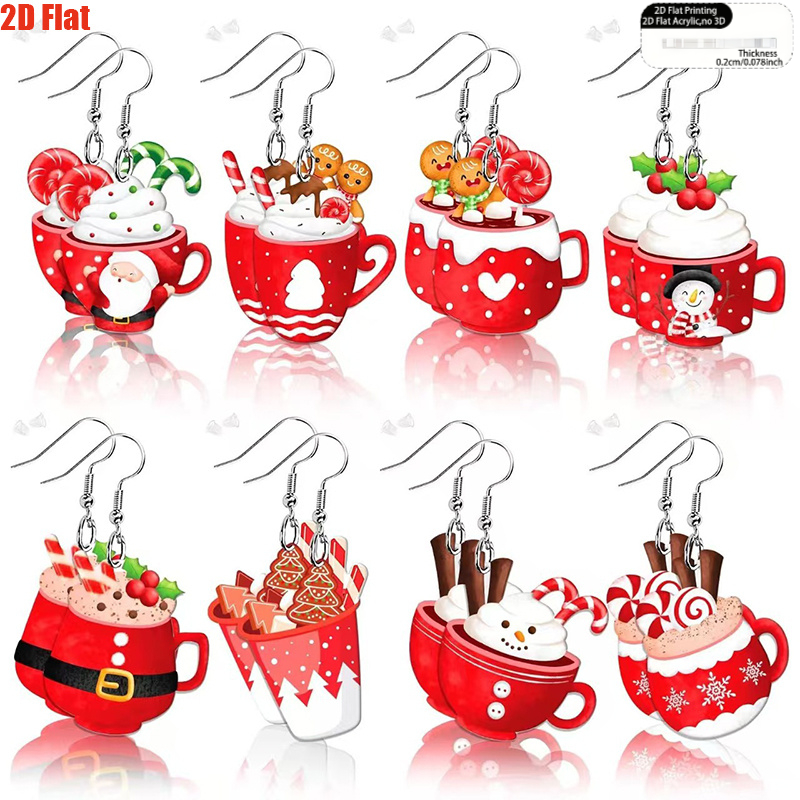 TEMU 2d Flat, 2d Flat 8 Pairs Christmas Women's Red Acrylic Earring Set, 2d, Cute Teacup Design With Gingerbread For Man, Christmas Tree, Candy Cane,