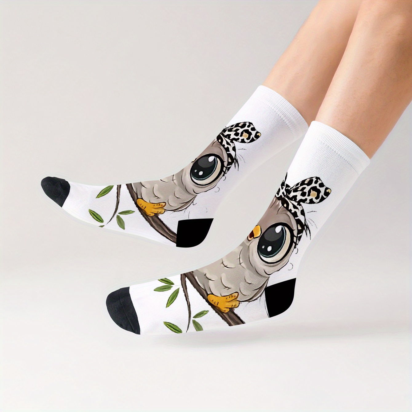 E-shop 1 Paar Unisex Wadenhohe Socken mit Eulen-auf-Baumast-Aufdruck. Neuartig lustig, aus bequemer Polyesterfaser. Stilvoll, , gemütlich niedlich mit