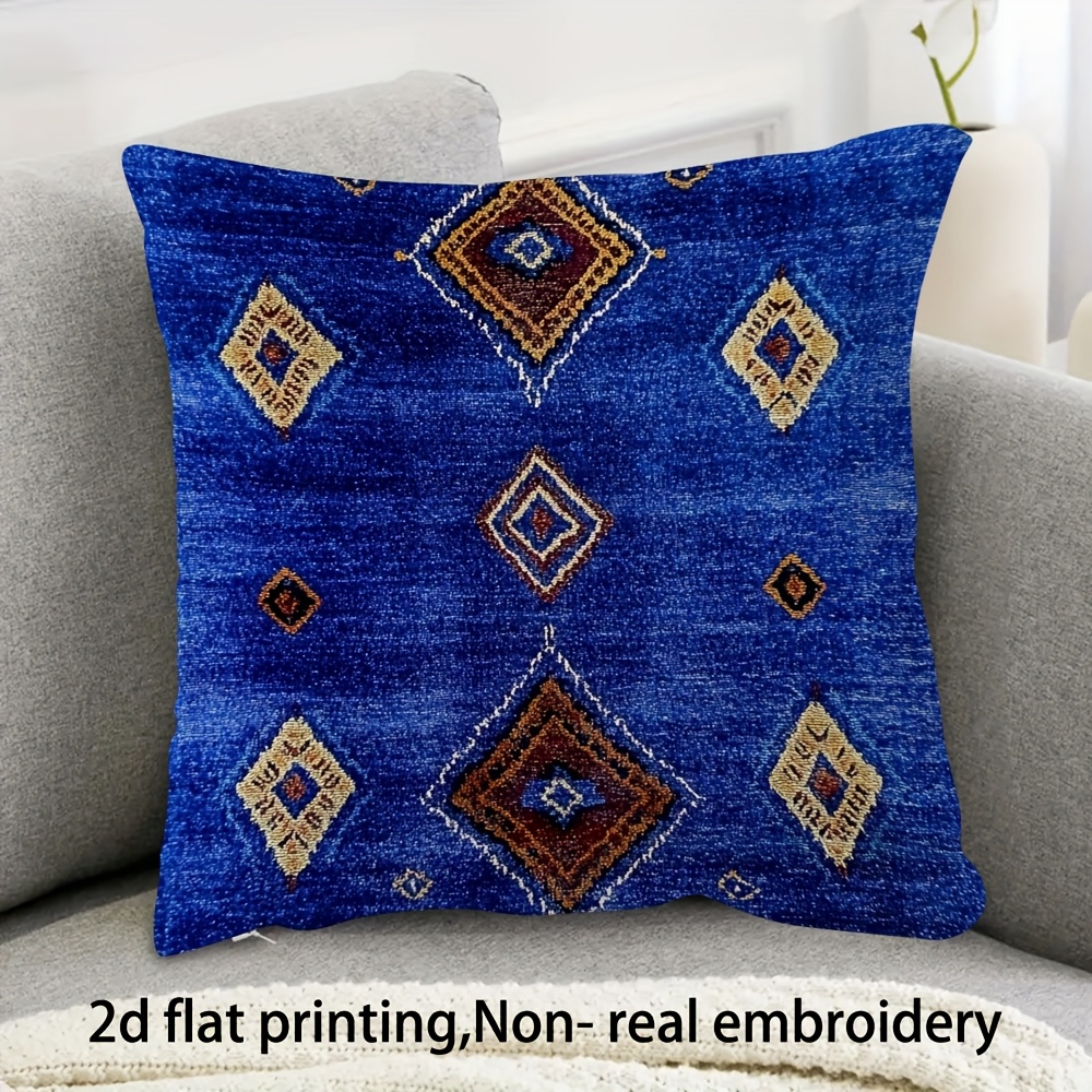 TEMU 2D Plat - 1pc Housse de coussin 2D Plat Imprimée Super Douce et Courte en Peluche | Design de Tapis Marocain Bleu avec Traditionnels, Bord ,