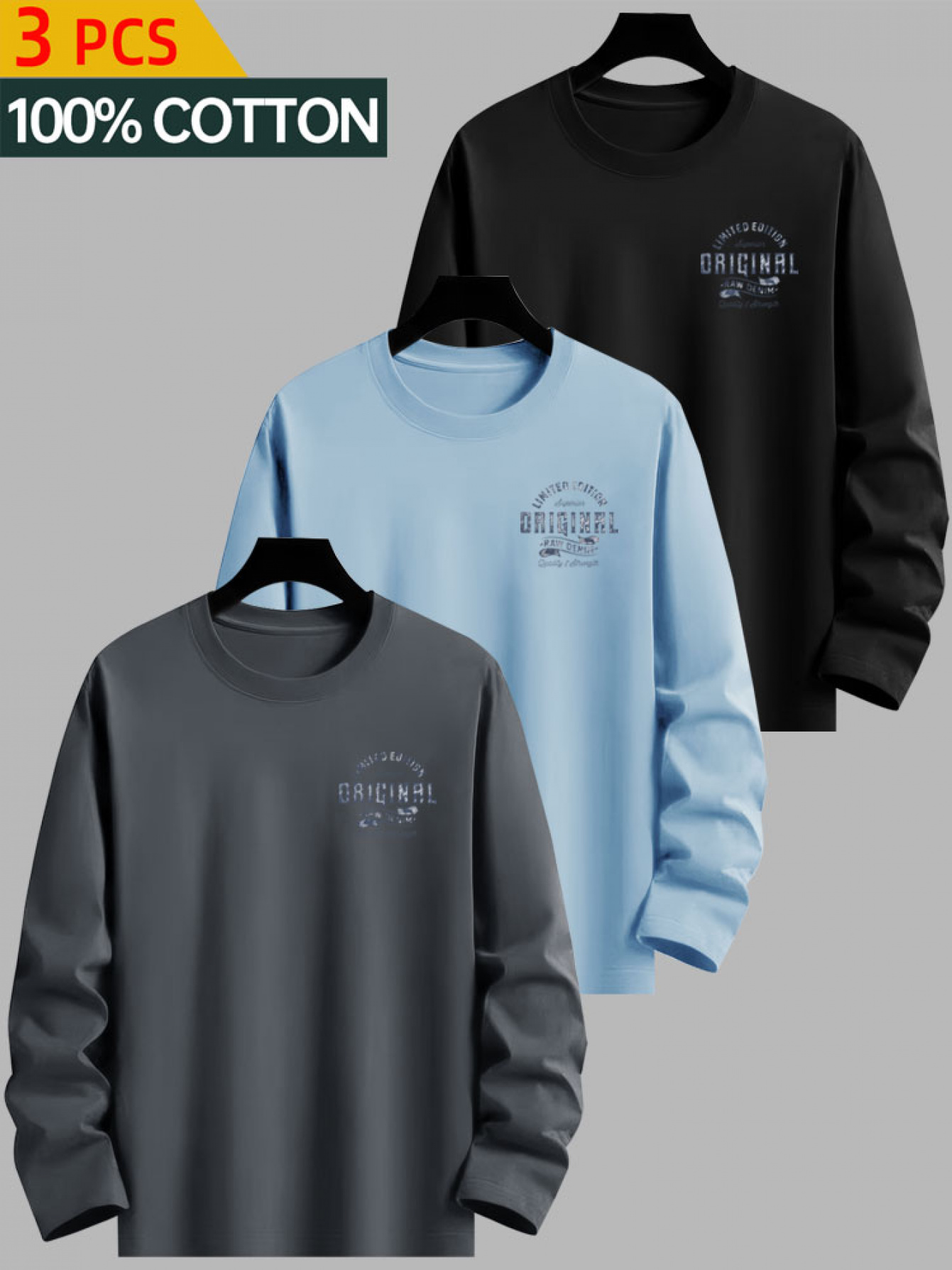 3pcs 100 cotton t shirts mens casual cotton tops crew neck long sleeve tees comfortable wear breathable and moisture wicking essential for men   and autumn