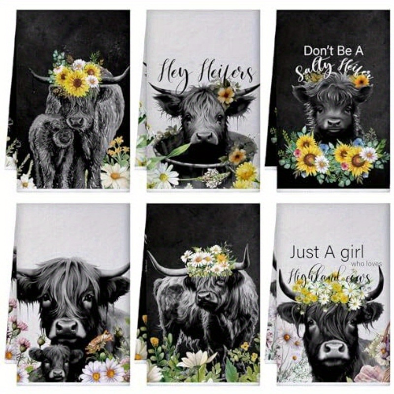 

6-pack Highland Cow Kitchen Towels, 18x26 Inches, Super Soft Polyester, Machine Washable, Woven Oblong Dish Towels With "hello Heifers" And Inspirational Phrases