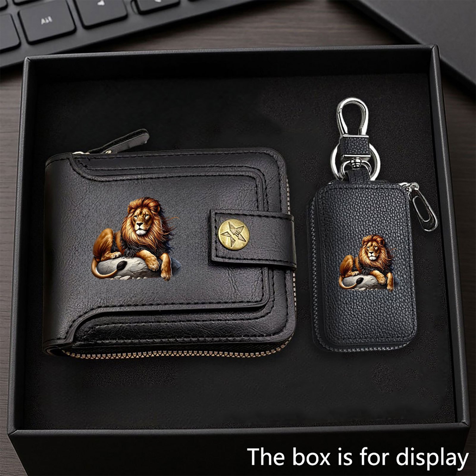 TEMU Lion Pattern Wallet And Key Case Two-piece Set, Novelty Wallet, Wallet And Key Case For Men, The For Holiday Gifts For Relatives , And Gift Sets