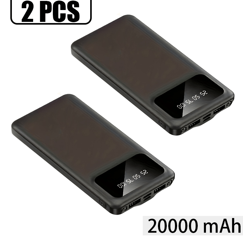 TEMU 2pcs-20000mah Large Capacity Portable Power Bank, Led Digital Display External Charger Flashlight Dual Usb, Ultra Lightweight Compact External