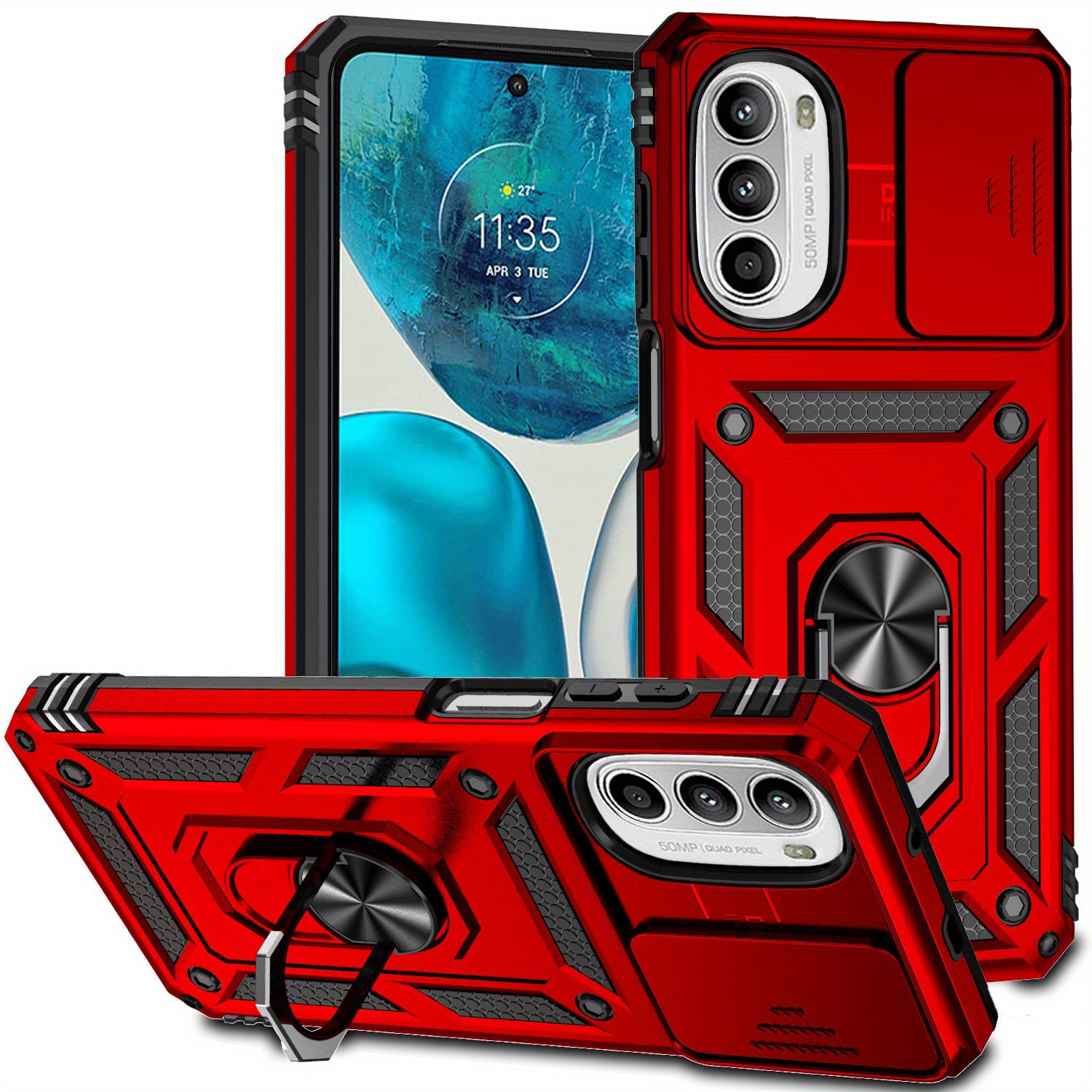 TEMU Shockproof Double Layer Metal Bracket Phone Case With Sliding Camera Cover For Moto G22 G31 G32 G50 G52 G62 G82