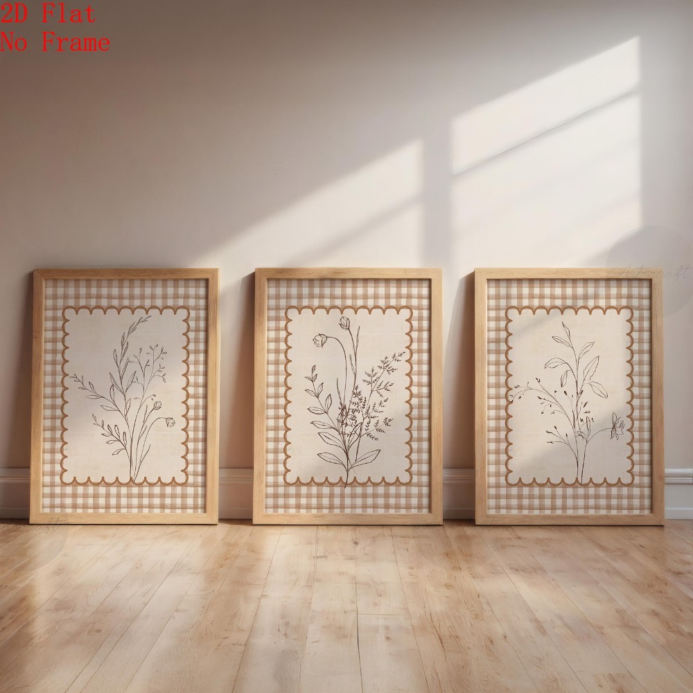 TEMU 2d Flat, 3pcs Brown Gingham Floral Posters & Prints Suitable For Home Decor - Retro Neutral Botanical Wall Art With Checkered Wildflowers,