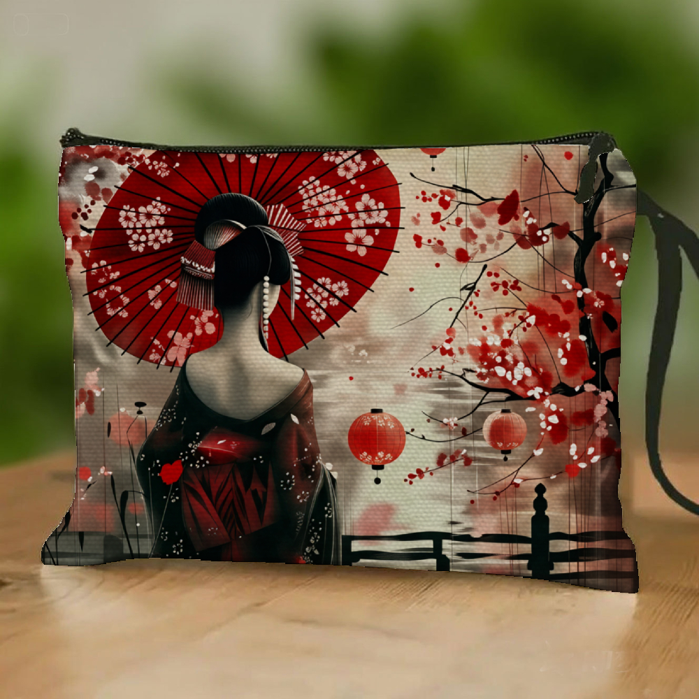 E-shop Eine stilvolle und praktische Make-up-Tasche im Geisha-Stil aus Japan, mit einem Reißverschluss-Handgelenkband und verziert mit roten