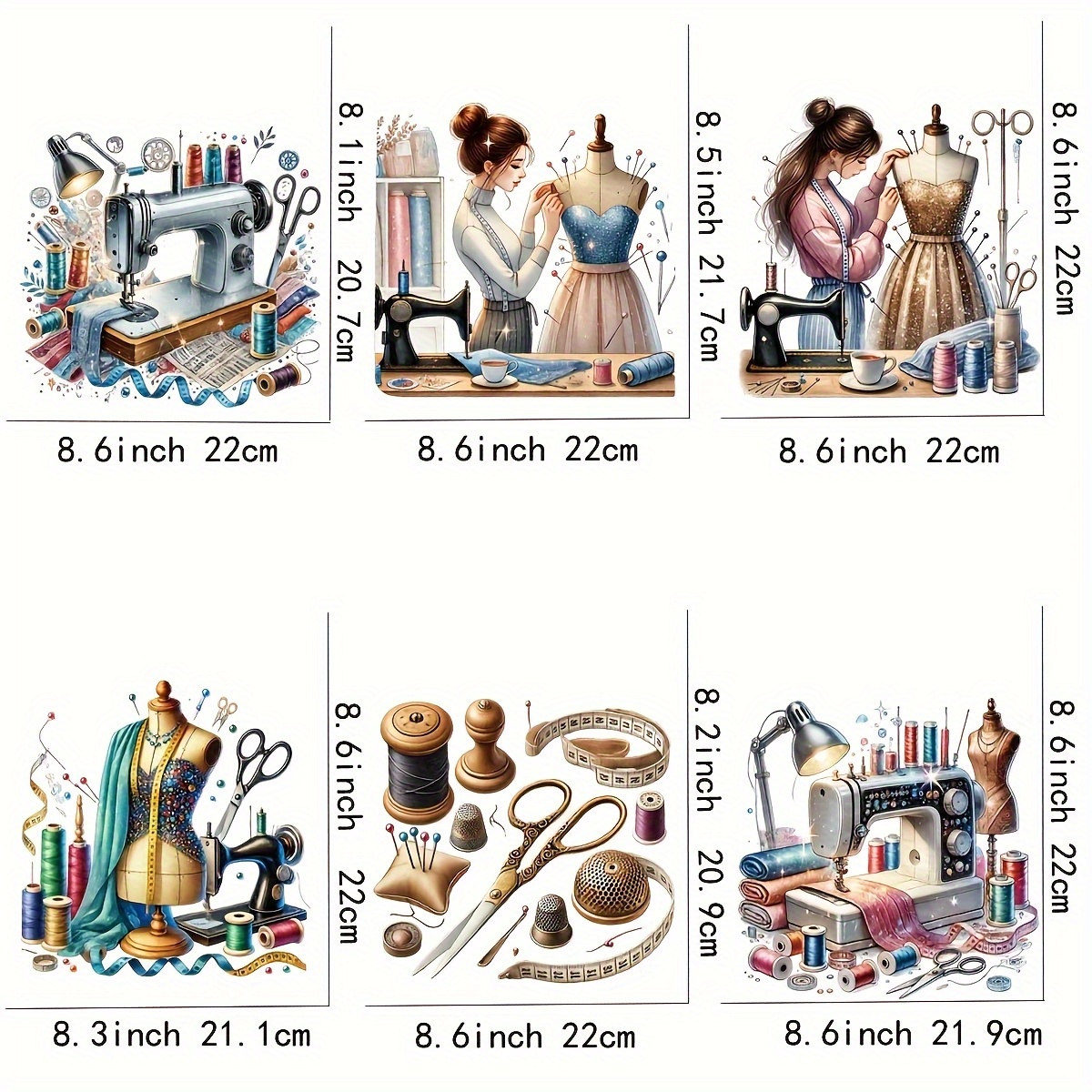 Image of Set Of 6 Sewing-themed Vinyl Heat Transfer Stickers, Diy Iron-on Patches, Suitable For T-shirts, Washable And Durable, Handmade Decoration Kit.