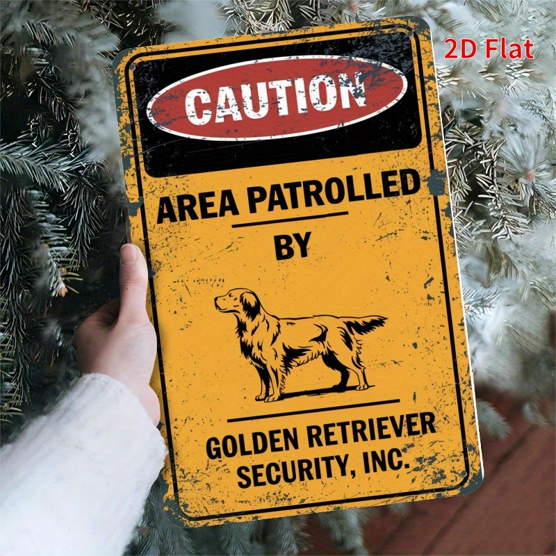 TEMU Plaque Métallique Vintage 2D Plat - Patrouille de Golden Retriever - Art Mural Rustique pour Chien avec Design "Attention : Zone Patrouillée par