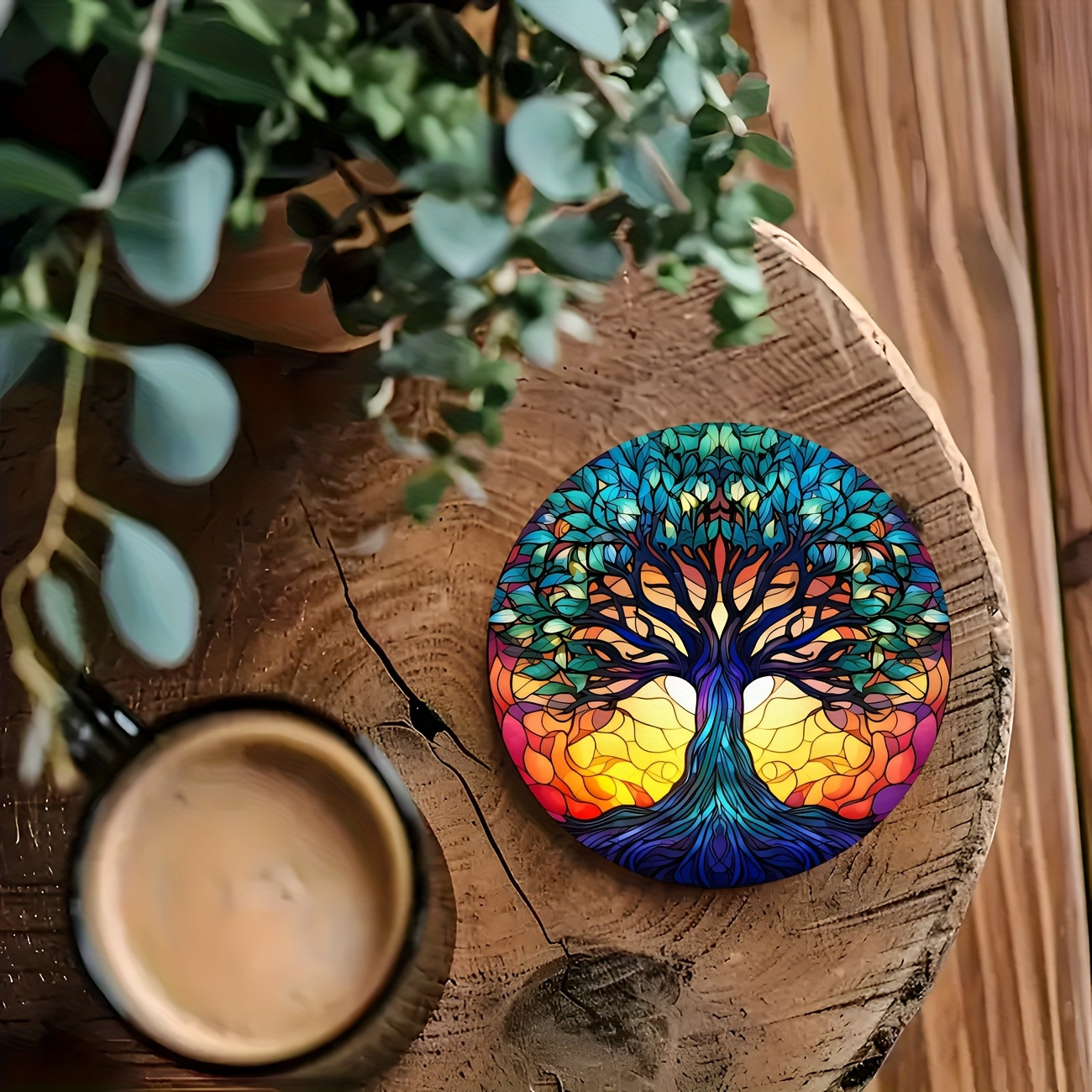 TEMU 8 Wooden Coasters With Tree Of - Non-slip Synthetic Surface, Suitable For Home And Restaurant Decoration - Perfect As A Holiday Gift