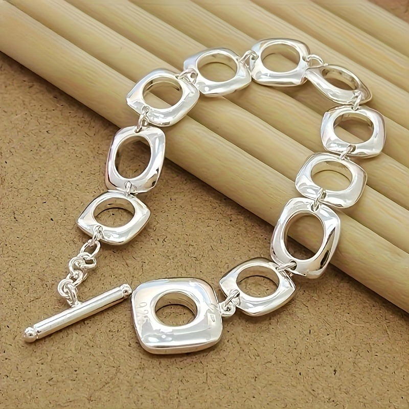 TEMU 925 Silver Easy Square And Round Bracelet, Suitable For , Ladies' And Easy Bracelet, Suitable For Multiple , Holiday Gift (total Product Weight