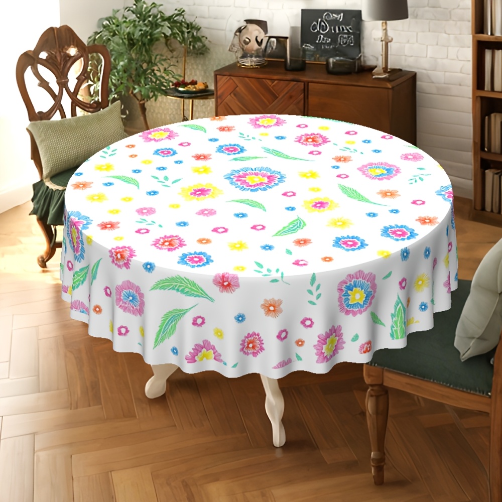 TEMU 1pc,round Tablecloth, Pvc Tablecloth, Featuring A Vibrant Floral Pattern Of Colorful Flowers And Green Leaves On A White Background, A