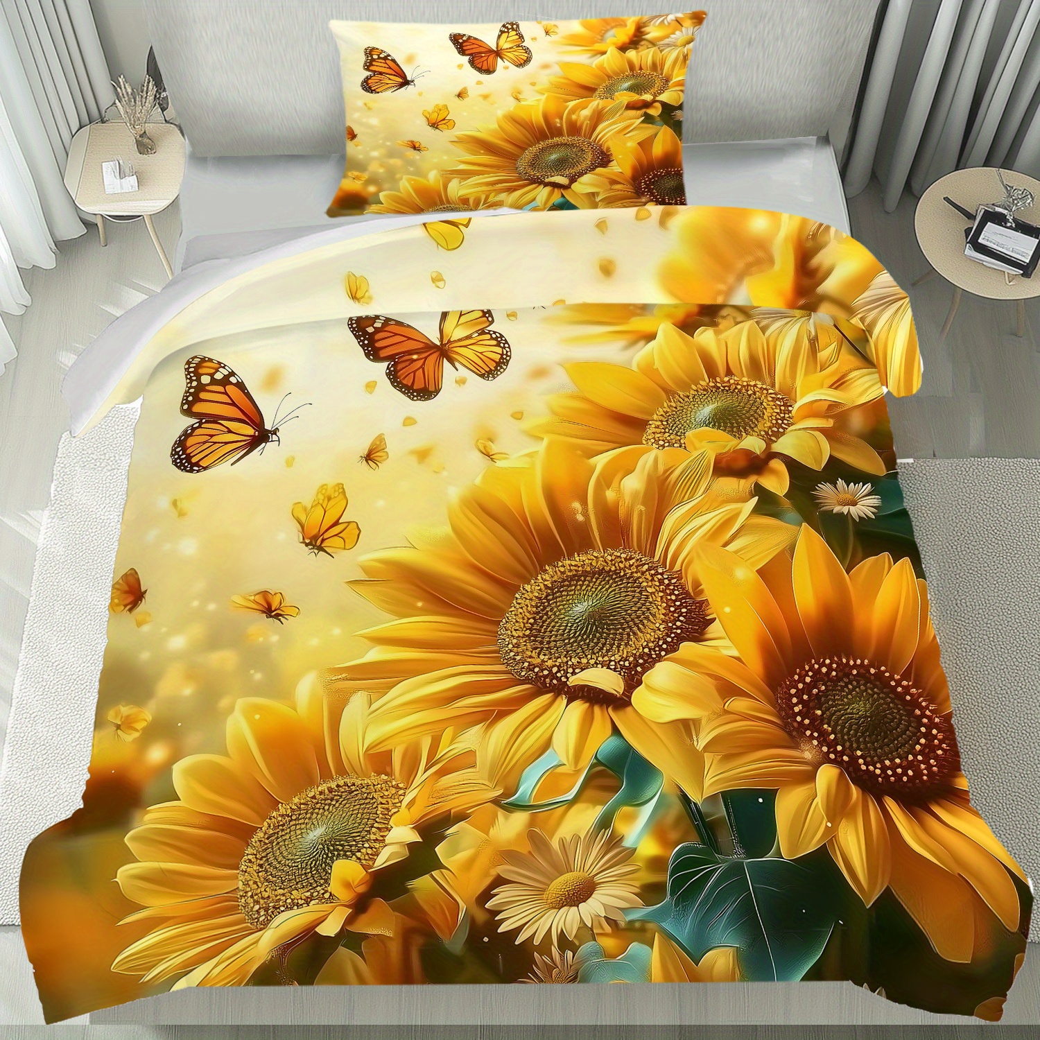 E-shop 2/3-teiliges Bettwäsche-Set mit gelben Sonnenblumen- und Schmetterlingsmuster, inklusive 1 Bettbezug & 2 Kissenbezüge, knitterarm, Bettwäsche im