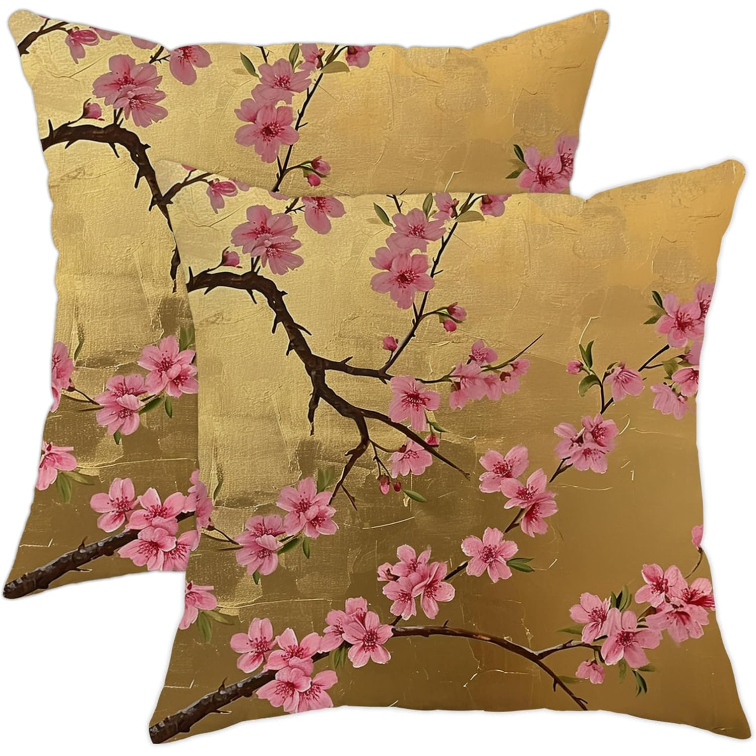 

2-pack Contemporary Cherry Blossom Throw Pillow Covers, 18x18 Inch, Vintage Sakura , Yellow Decorative Soft Cushion Cases With Zipper, Machine Washable, Polyester, For Home, Dorm, Sofa, Outdoor Use