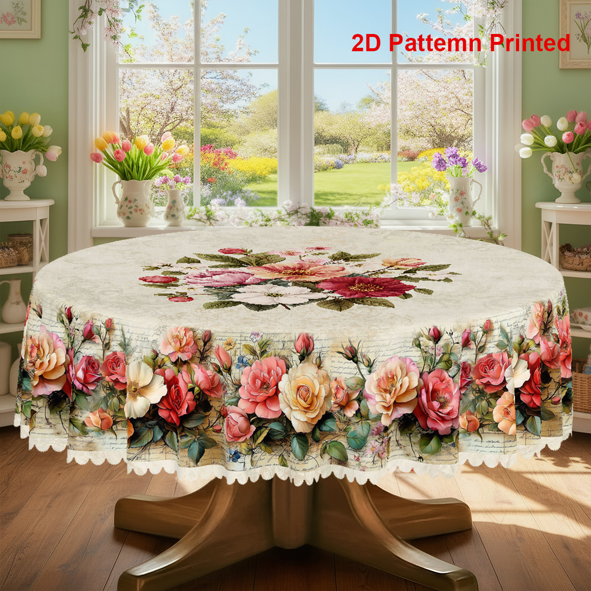 TEMU 1pc, Spring Summer Themed Party Tablecloth, Valentine's Day Mother's Day Vintage Multicolored Rose Floral Printed Design, Rectangular/round/oval