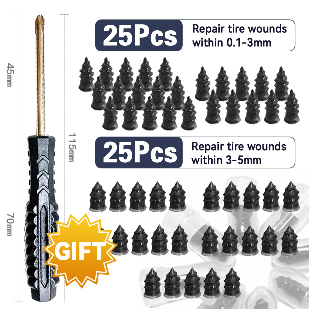 TEMU 50pcs Tire Repair Rubber Plug Kit, 2 Sizes Quick Self-service Tire Puncture , Screw-in Tire Repair Plugs With Screwdriver For Car Motorcycle