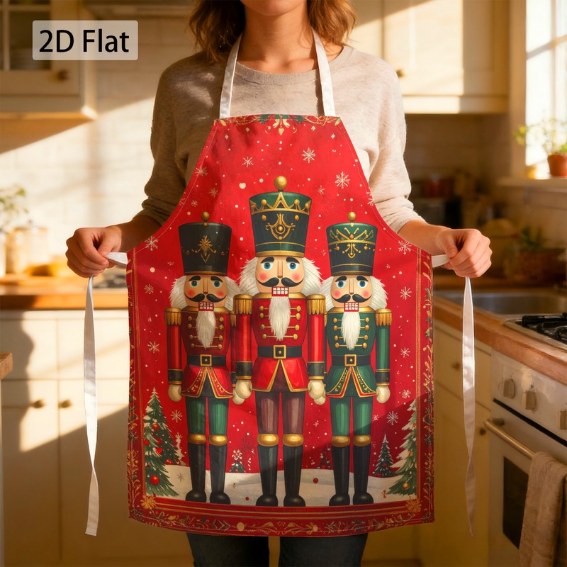 TEMU 2d Flat Printing 1pc Apron With Vintage Christmas Nutcrackers Festive Cheer Pattern Unisex Durable Comfortable Easy Clean For Kitchen Home Use
