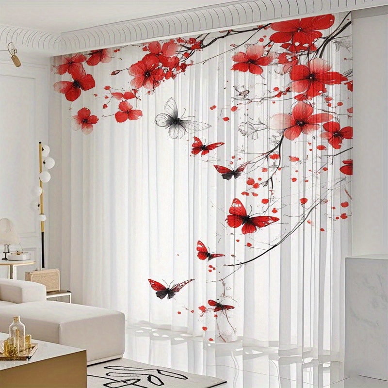 TEMU 2pcs/Set Rideaux de Danse Papillon Fleur de Prunier Rouge | Mousseline de Polyester Filtrant avec Motif Floral Imprimé, Idéal pour la Décoration