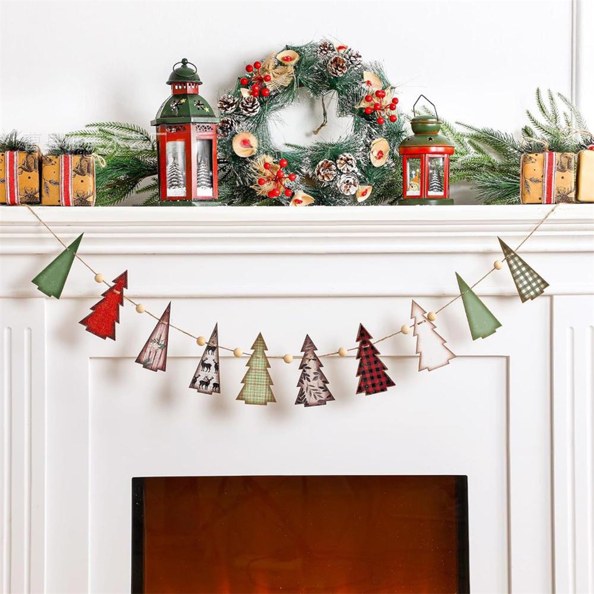 TEMU Christmas Tree Topper Ornament, Wooden Beaded Wreath, Rustic Holiday Banner, Mantelpiece Wall Decor, Home Accessories