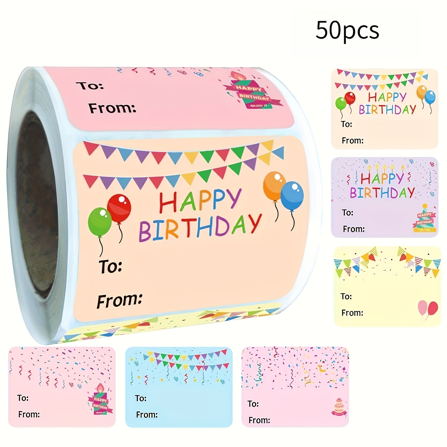 TEMU Rotolo di 50 adesivi per feste di compleanno, disponibili con motivi multipli, etichette rettangolari di carta "", adesivi decorativi ovali per