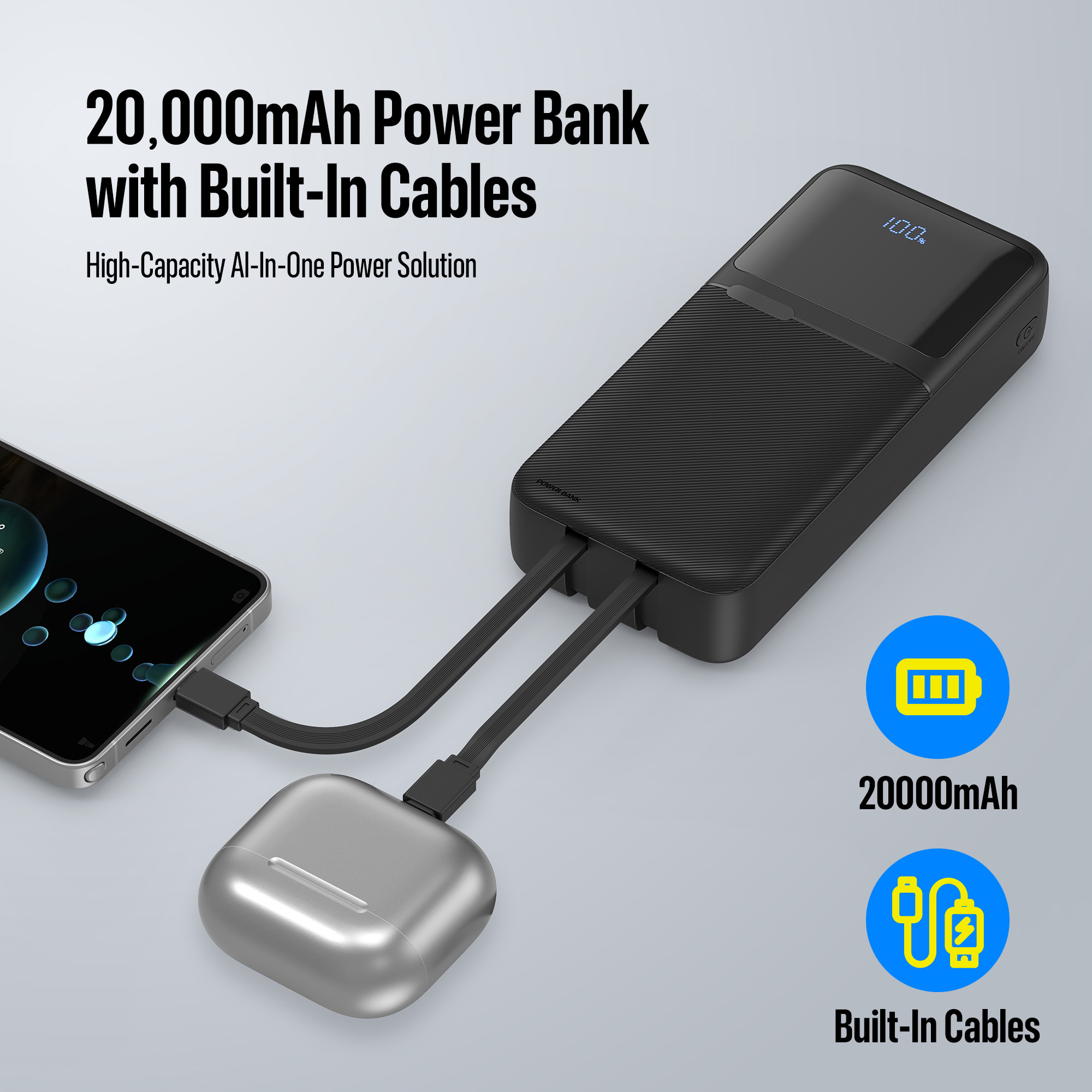 TEMU 20000mah Portable Charger Featuring Integrated Cables, 22.5w High-capacity Rapid Charging, Led Digital Screen, Suitable For Iphone, , Tablets,
