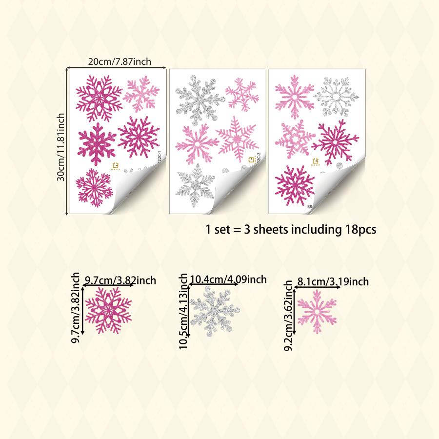 TEMU 3pcs Christmas Window Clings Static Stickers, Pink & Silver Snowflakes Decals, Removable No Glue Window Decor For Room Bedroom Party Holiday
