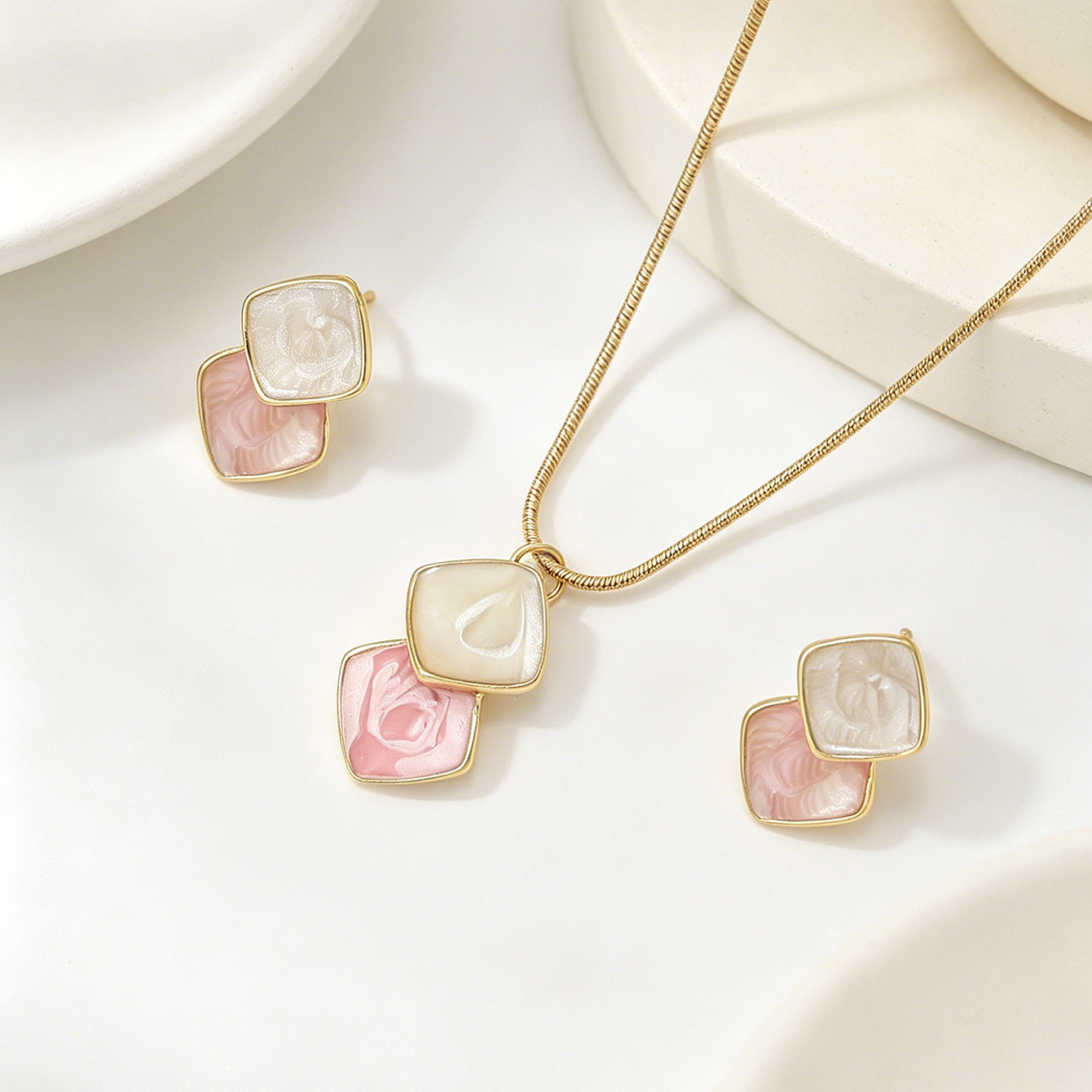 TEMU 2pcs Set Exquisite Easy Cute Pink -block Rhombus Women's Earrings And Necklace, Women's Jewelry Set, Luxurious Suitable For Daily Wear, Parties,