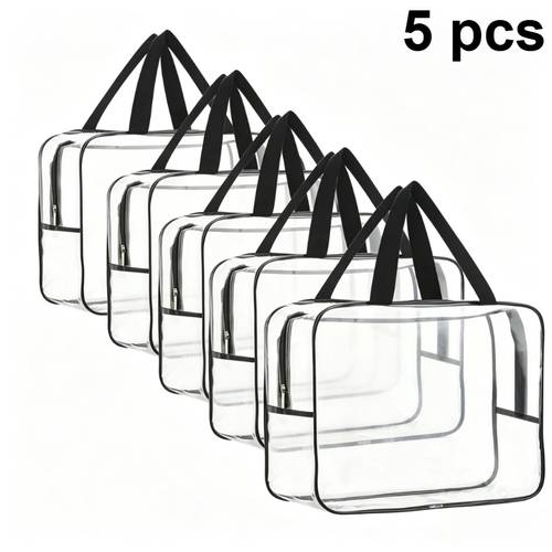 item picture 5 pack thickened transparent large capacity plastic storage bags with handles and zipper closure heavy duty reusable large capacity travel bags for goods clothing durable rectangular storage for bags with sturdy handles