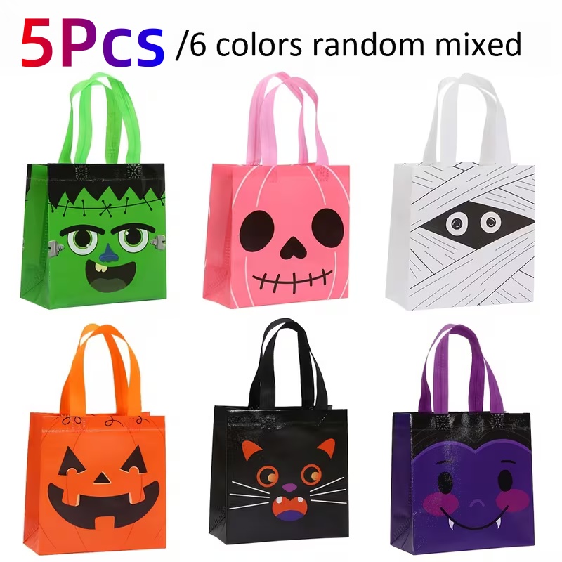 TEMU Sac cadeau imprimé Halloween, sac de courses coloré en non-tissé, 6 couleurs aléatoires, taille 7,9×7,7×3,5 pouces, sac d'emballage spécial pour