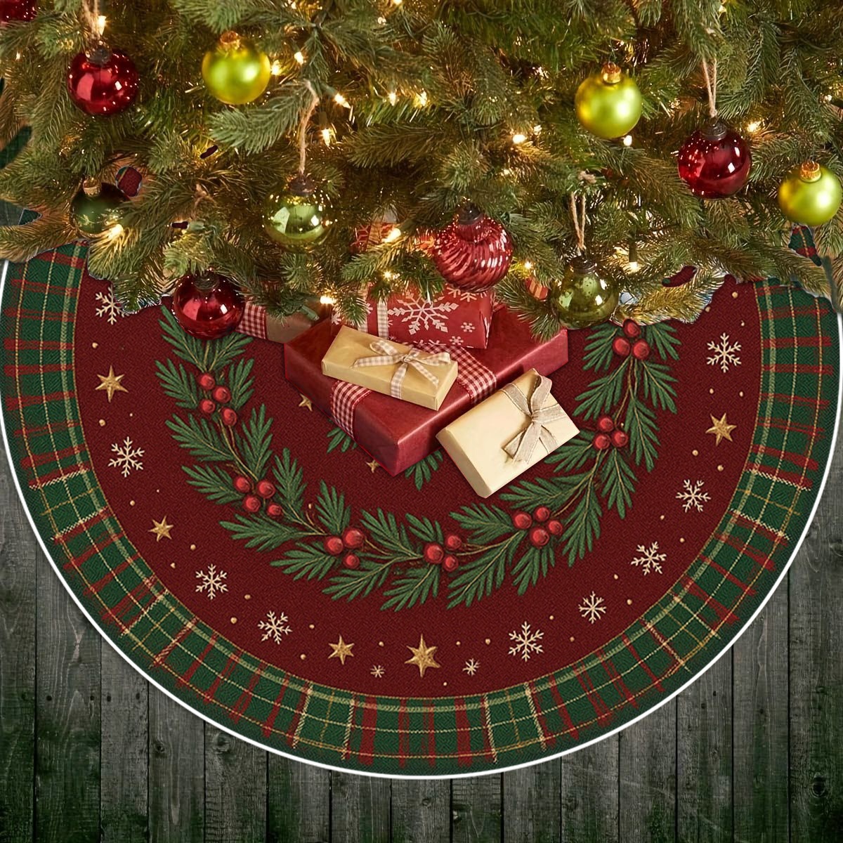 TEMU [1pc] Christmas Wreath Print Christmas Tree Skirt, Suitable For Home, Office, Or , Christmas Ornament, Seasonal Home Decor, And Clean, Festive