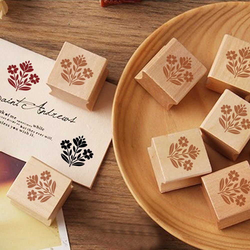 Vintage Natural Wood Rubber Stamp with Flower Design