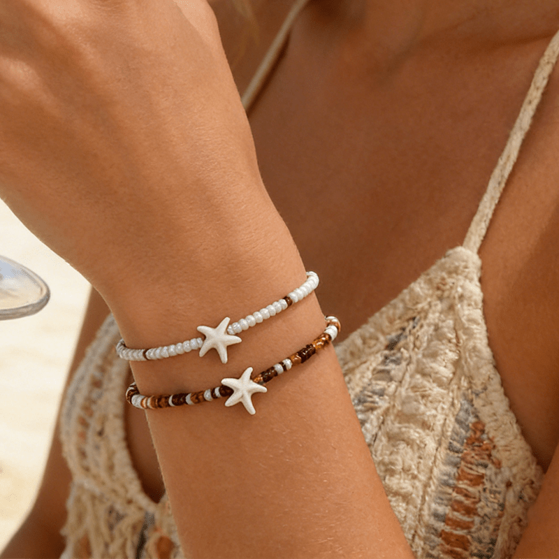 TEMU Pulsera de moda para mujer, 2 piezas, estilo bohemio , pulsera de cuentas de semilla y marrón, pulsera de artificial, material de cristal,