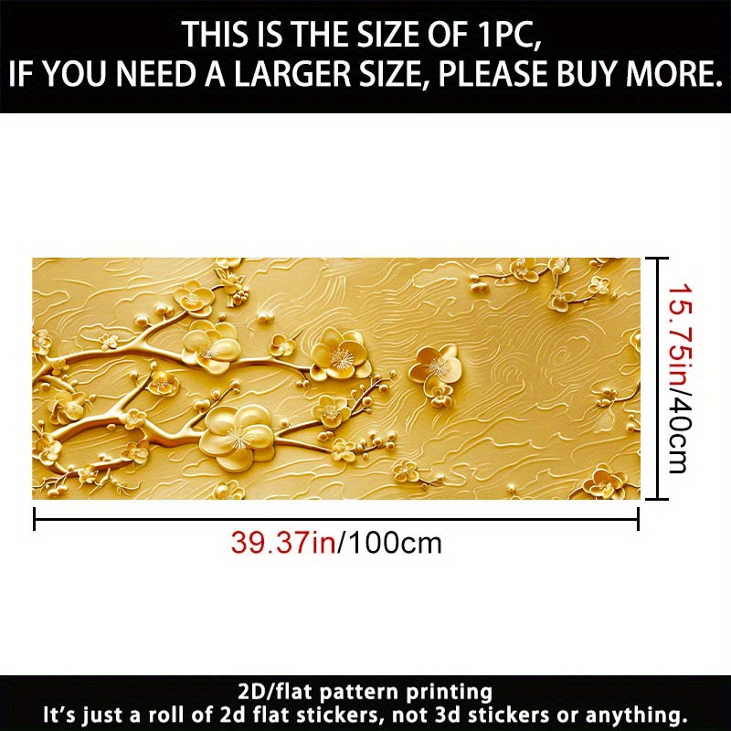 TEMU 1pc 우아한 골든 플로럴 PVC 벽지 - 2D 플랫 디자인, 생동감 있는 꽃과 잎, 주방 캐비닛, 카운터탑, 벽에 사용할 수 있는 자체 접착식 비닐 - 잘라서 설치하기 쉽고, 모서리가 없는 패턴으로 현대적인 거실 장식, 주방 벽지, 럭셔리 장식, 2D 플랫