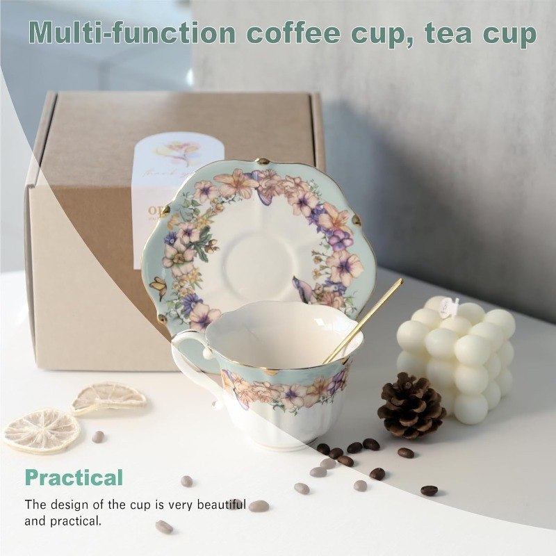 1 set   floral porcelain tea cup and saucer set with spoon   elegant teal   design 6 4oz cup saucer comfortable handle stable saucer for tea coffee espresso durable   for   special occasions  ge   tableware Product details 2