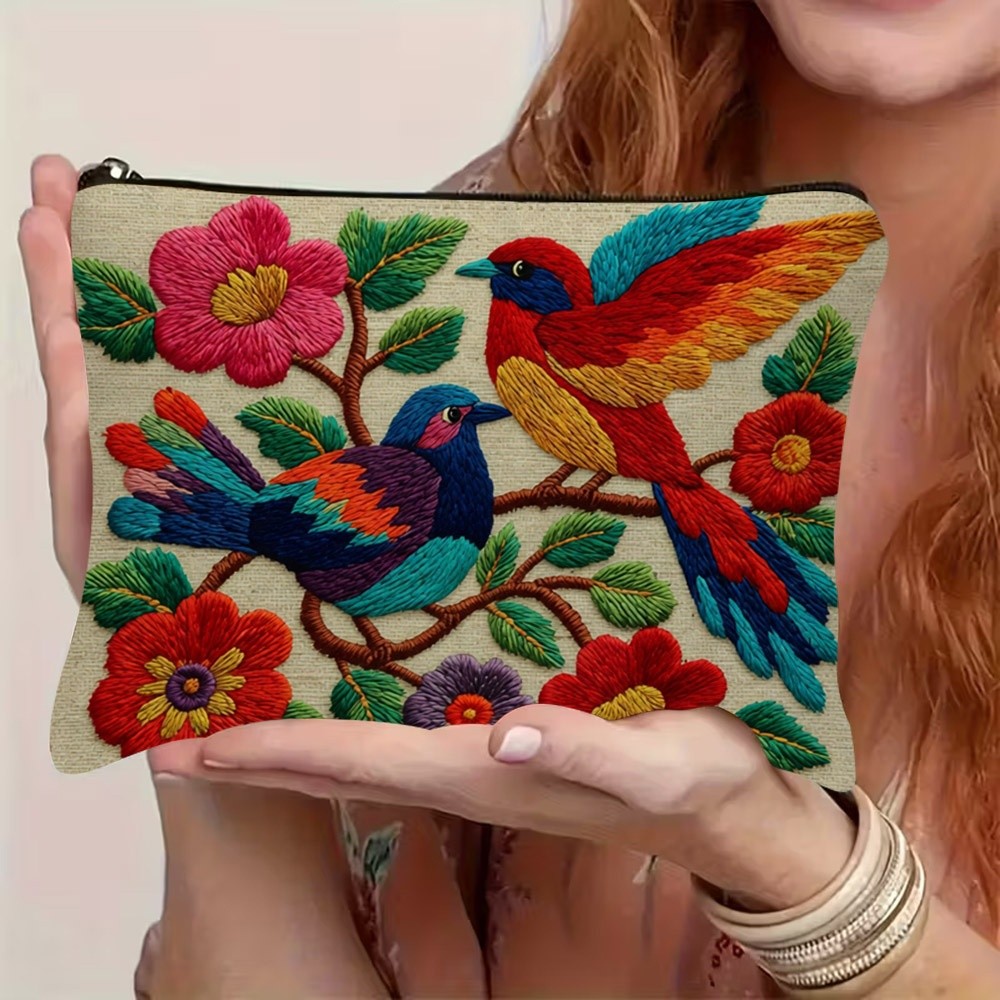 TEMU Borsa portatrucchi portatile 1 pz, design con motivo a fiori e uccelli, design con cerniera, borsa porta cancelleria per studenti, organizzatore