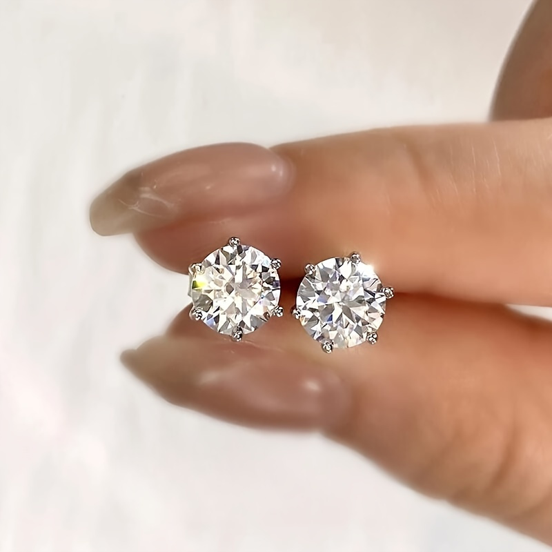 TEMU 2pcs 1/ 2/ 3ct Classic Round Cut Moissanite Stud Earrings - Exquisite 9 6-prong Jewelry With Design For Gifts