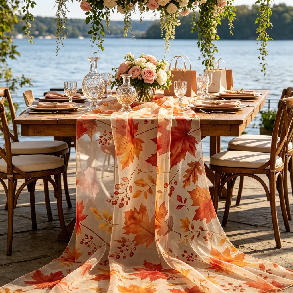 TEMU 1pc Premium Maple Leaf Pattern Tulle, Surface With Exquisite Printed Decorative Table Runner, Suitable For Wedding, Round Table Banquet, ,