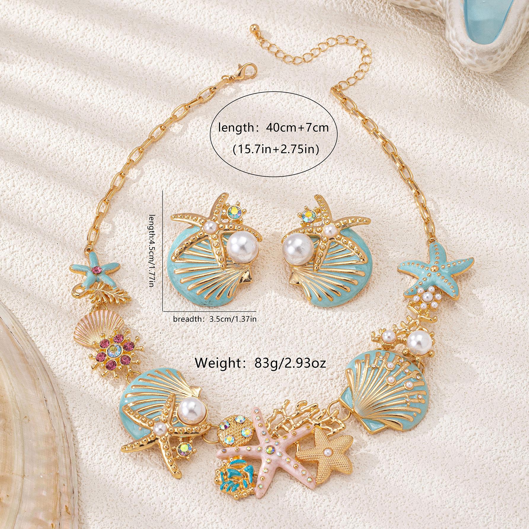 TEMU 1pc Necklace & 1 Pair Earrings Jewelry Set, High-end Color Enamel Inlaid Starfish, Shell & Coral Necklace Earrings Set For Women Banquet Wear,